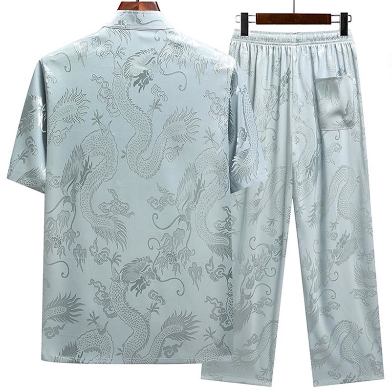 Costume Tang à motifs de dragon et de Buddha Stones, uniforme traditionnel Hanfu, haut à manches courtes et pantalon, ensemble pour hommes - image 1
