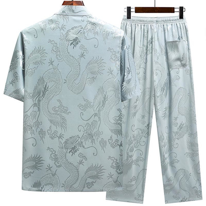 Costume Tang à motifs de dragon et de Buddha Stones, uniforme traditionnel Hanfu, haut à manches courtes et pantalon, ensemble pour hommes - image 1