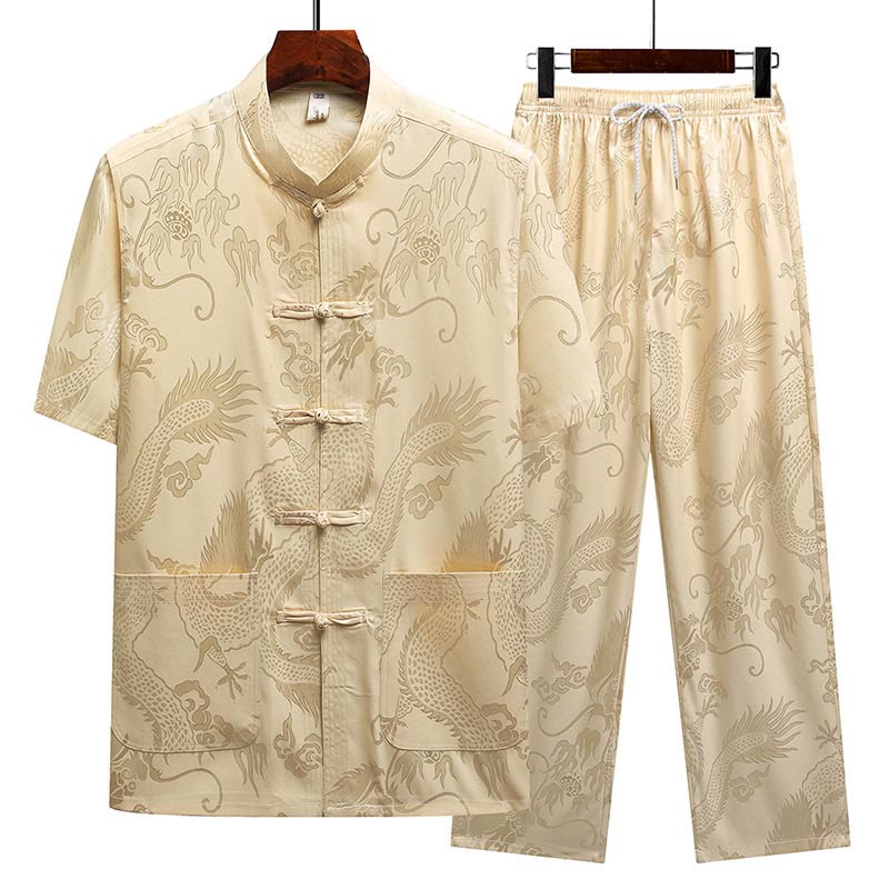Costume Tang à motifs de dragon et de Buddha Stones, uniforme traditionnel Hanfu, haut à manches courtes et pantalon, ensemble pour hommes - Beige (haut et pantalon) - US/UK/AU44，EU54 (4XL) - image 13