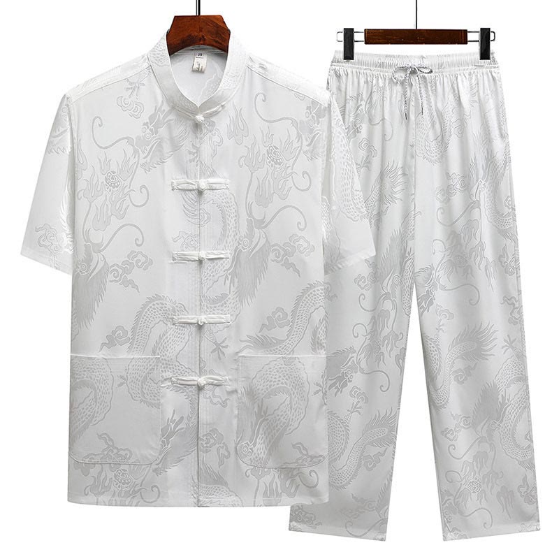 Costume Tang à motifs de dragon et de Buddha Stones, uniforme traditionnel Hanfu, haut à manches courtes et pantalon, ensemble pour hommes - Blanc (Haut et pantalon) - US/UK/AU44，EU54 (4XL) - image 16