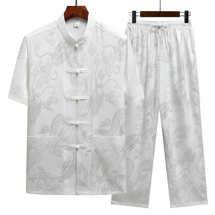 Costume Tang à motifs de dragon et de Buddha Stones, uniforme traditionnel Hanfu, haut à manches courtes et pantalon, ensemble pour hommes - Blanc (Haut et pantalon) - US/UK/AU44，EU54 (4XL) - image 16