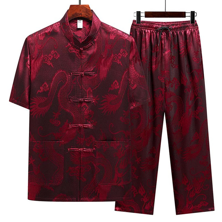 Costume Tang à motifs de dragon et de Buddha Stones, uniforme traditionnel Hanfu, haut à manches courtes et pantalon, ensemble pour hommes - Rouge (haut et pantalon) - US/UK/AU44，EU54 (4XL) - image 19