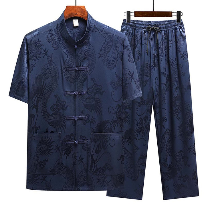 Costume Tang à motifs de dragon et de Buddha Stones, uniforme traditionnel Hanfu, haut à manches courtes et pantalon, ensemble pour hommes - Bleu marine (haut et pantalon) - US/UK/AU44，EU54 (4XL) - image 22