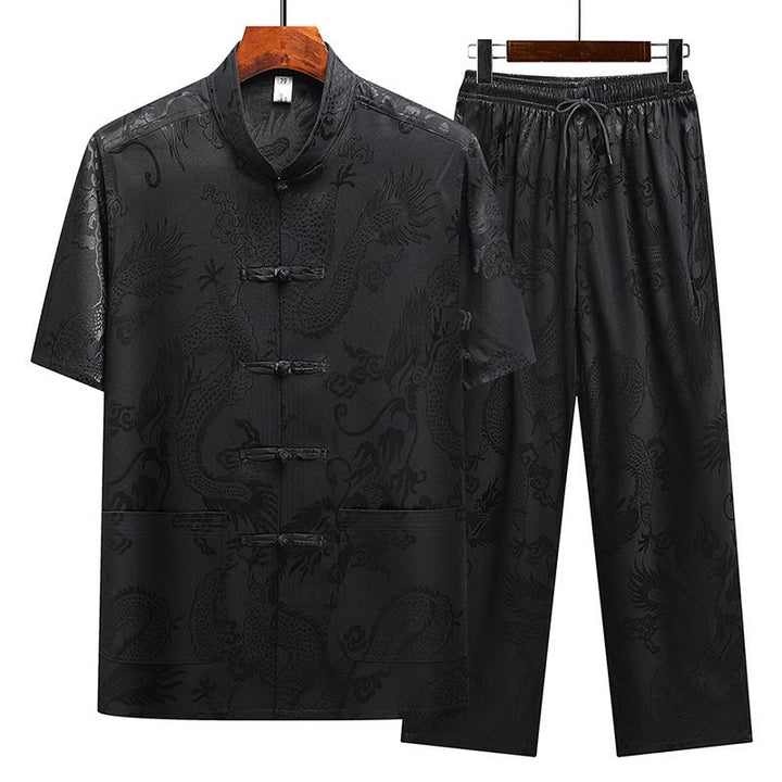 Costume Tang à motifs de dragon et de Buddha Stones, uniforme traditionnel Hanfu, haut à manches courtes et pantalon, ensemble pour hommes - Noir (Haut et pantalon) - US/UK/AU44，EU54 (4XL) - image 25