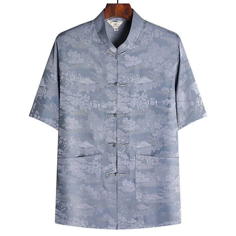 Buddha Stones Pin Pavillon Jardin Tang Costume Hanfu Uniforme Traditionnel Haut À Manches Courtes Pantalon Vêtements Ensemble Homme - Gris - Haut - US/UK/AU44，EU54 (4XL) - image 1