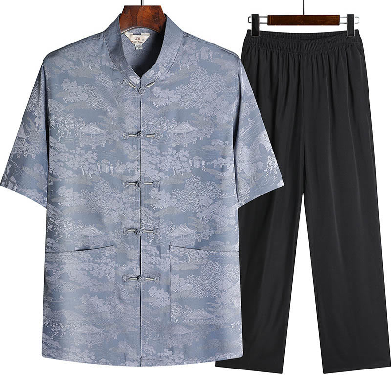 Buddha Stones Pin Pavillon Jardin Tang Costume Hanfu Uniforme Traditionnel Haut À Manches Courtes Pantalon Vêtements Ensemble Homme - Gris - Haut et pantalon - US/UK/AU44，EU54 (4XL) - image 0