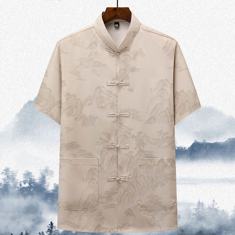 Buddha Stones Montagnes Arbres Tang Costume Hanfu Uniforme Traditionnel Haut À Manches Courtes Pantalon Vêtements Ensemble Homme - Beige - Haut - US/UK/AU42，EU52 (3XL)  - image 2