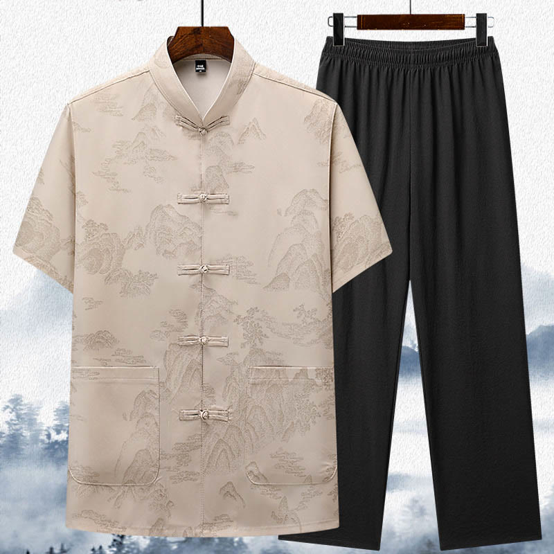 Buddha Stones Montagnes Arbres Tang Costume Hanfu Uniforme Traditionnel Haut À Manches Courtes Pantalon Vêtements Ensemble Homme - Beige - Haut et pantalon - US/UK/AU42，EU52 (3XL)  - image 0