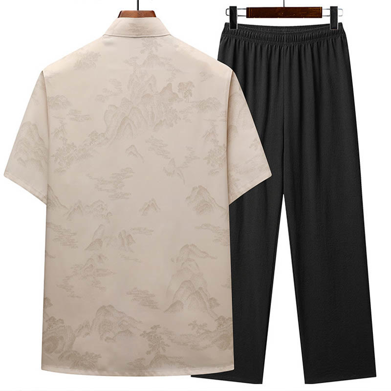 Buddha Stones Montagnes Arbres Tang Costume Hanfu Uniforme Traditionnel Haut À Manches Courtes Pantalon Vêtements Ensemble Homme - image 1