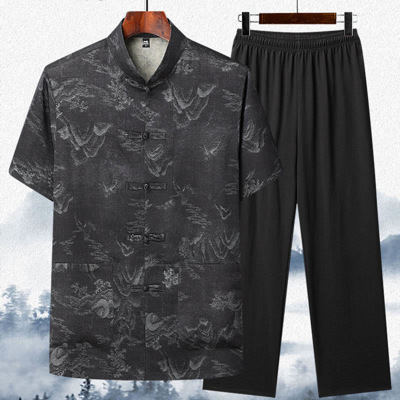 Buddha Stones Montagnes Arbres Tang Costume Hanfu Uniforme Traditionnel Haut À Manches Courtes Pantalon Vêtements Ensemble Homme - Noir - Haut et pantalon - US/UK/AU42，EU52 (3XL)  - image 10