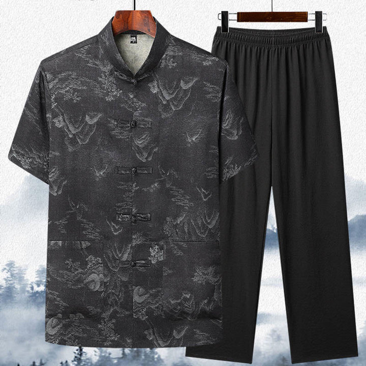 Buddha Stones Montagnes Arbres Tang Costume Hanfu Uniforme Traditionnel Haut À Manches Courtes Pantalon Vêtements Ensemble Homme - Noir - Haut et pantalon - US/UK/AU42，EU52 (3XL)  - image 10
