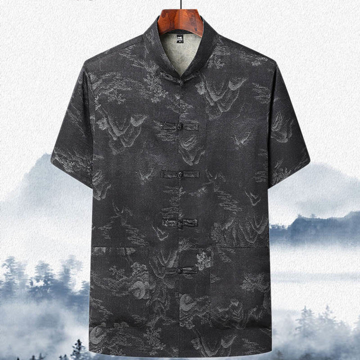 Buddha Stones Montagnes Arbres Tang Costume Hanfu Uniforme Traditionnel Haut À Manches Courtes Pantalon Vêtements Ensemble Homme - Noir - Haut - US/UK/AU42，EU52 (3XL)  - image 11