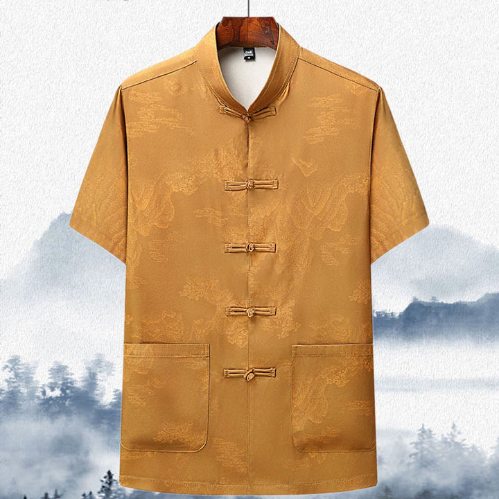 Buddha Stones Montagnes Arbres Tang Costume Hanfu Uniforme Traditionnel Haut À Manches Courtes Pantalon Vêtements Ensemble Homme - Jaune - Haut - US/UK/AU42，EU52 (3XL)  - image 13