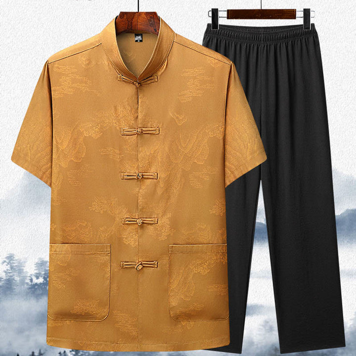 Buddha Stones Montagnes Arbres Tang Costume Hanfu Uniforme Traditionnel Haut À Manches Courtes Pantalon Vêtements Ensemble Homme - Jaune - Haut et pantalon - US/UK/AU42，EU52 (3XL)  - image 12