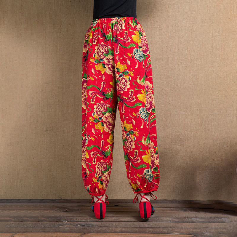 Pantalon sarouel à imprimé fleurs rouges et vertes de style ethnique avec Buddha Stones et poches
