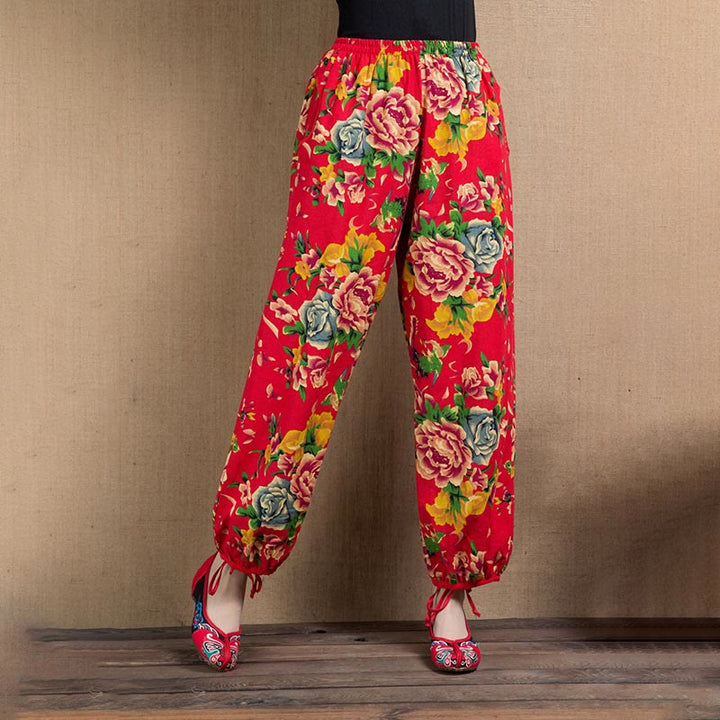 Pantalon sarouel à imprimé fleurs rouges et vertes de style ethnique avec Buddha Stones et poches - Fleurs rouges et bleues - US 4-6, UK/AU 8-10, EU 36-38 (F) - image 0