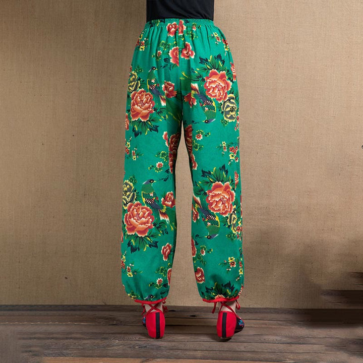 Pantalon sarouel à imprimé fleurs rouges et vertes de style ethnique avec Buddha Stones et poches
