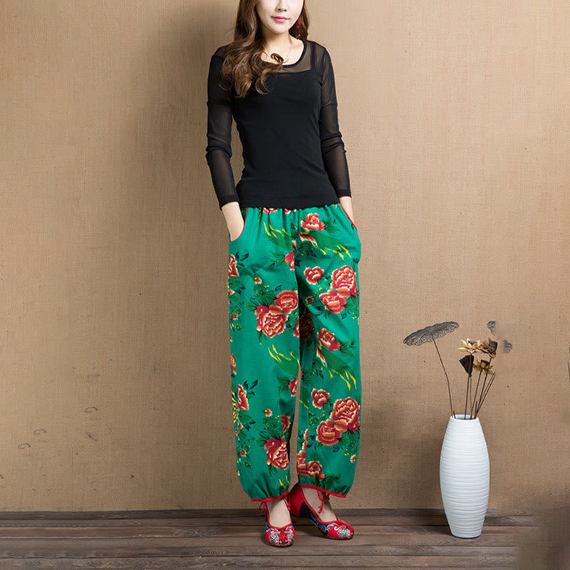 Pantalon sarouel à imprimé fleurs rouges et vertes de style ethnique avec Buddha Stones et poches