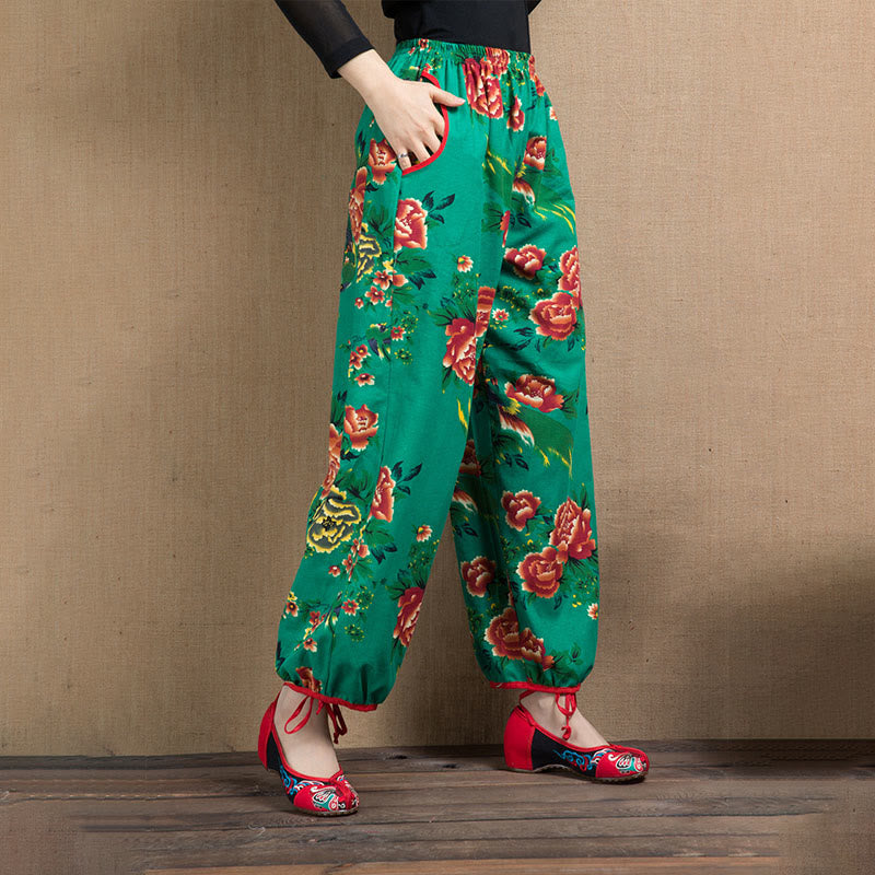 Pantalon sarouel à imprimé fleurs rouges et vertes de style ethnique avec Buddha Stones et poches