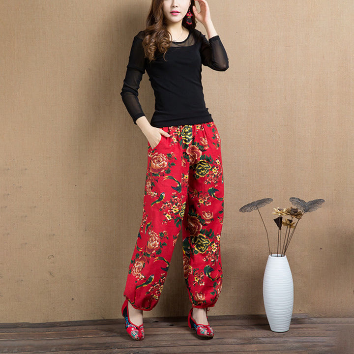 Pantalon sarouel à imprimé fleurs rouges et vertes de style ethnique avec Buddha Stones et poches