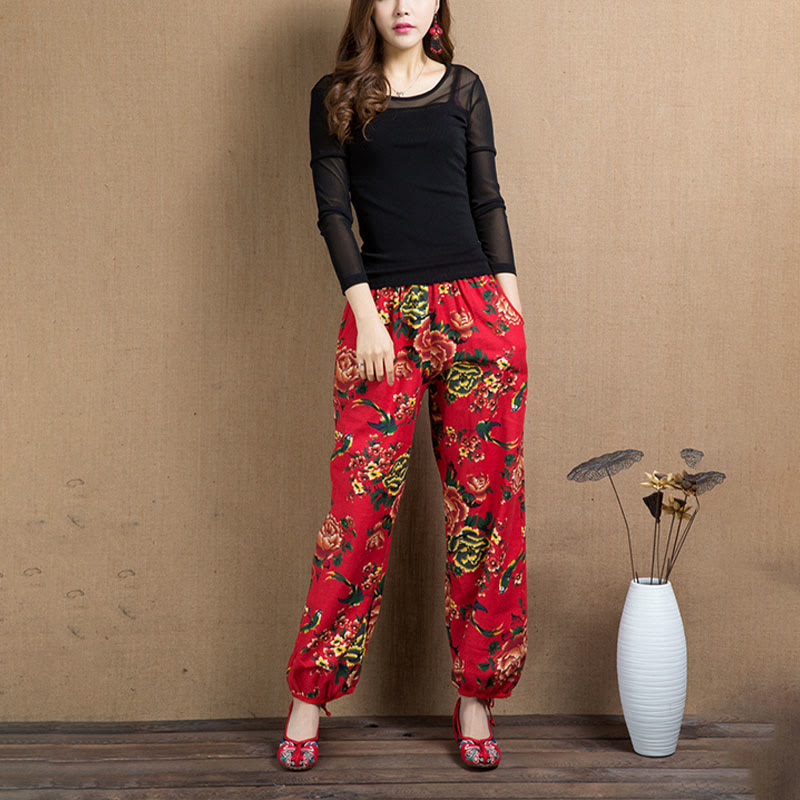 Pantalon sarouel à imprimé fleurs rouges et vertes de style ethnique avec Buddha Stones et poches