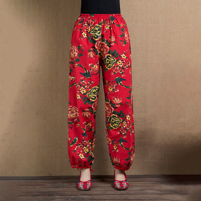 Pantalon sarouel à imprimé fleurs rouges et vertes de style ethnique avec Buddha Stones et poches