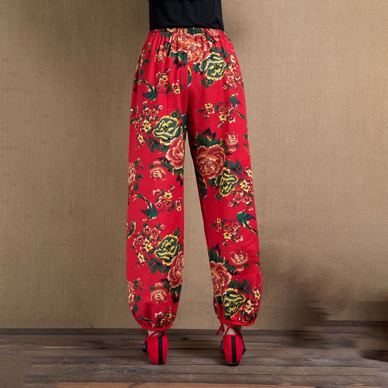 Pantalon sarouel à imprimé fleurs rouges et vertes de style ethnique avec Buddha Stones et poches