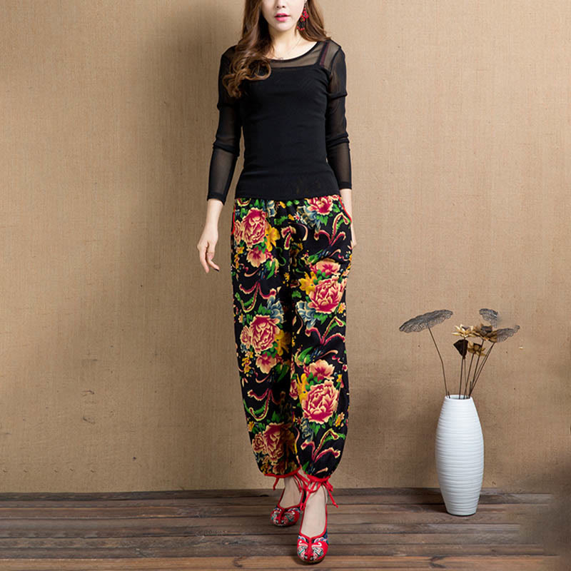 Pantalon sarouel à imprimé fleurs rouges et vertes de style ethnique avec Buddha Stones et poches