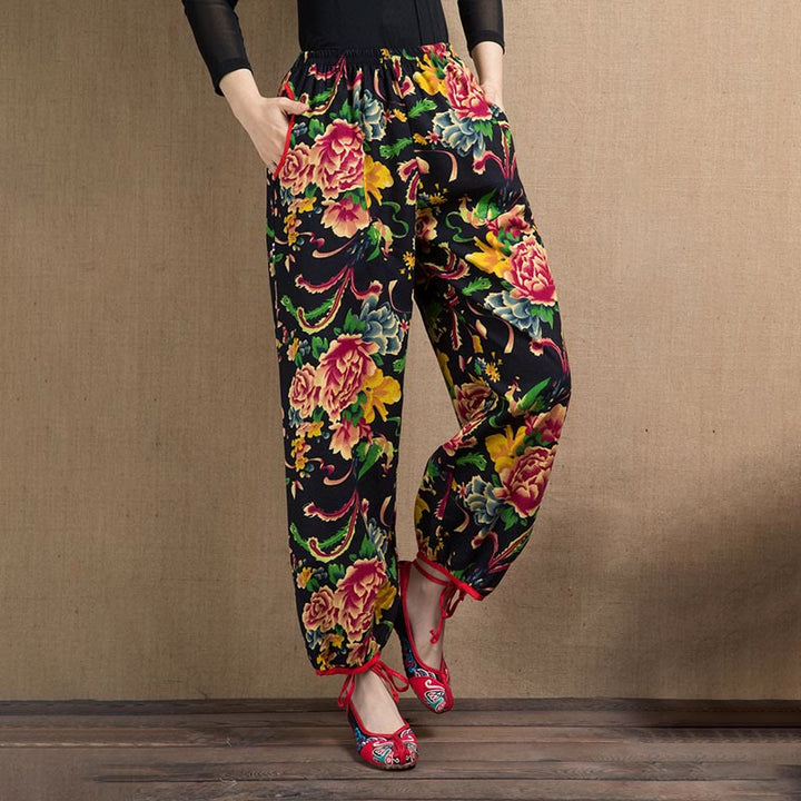 Pantalon sarouel à imprimé fleurs rouges et vertes de style ethnique avec Buddha Stones et poches