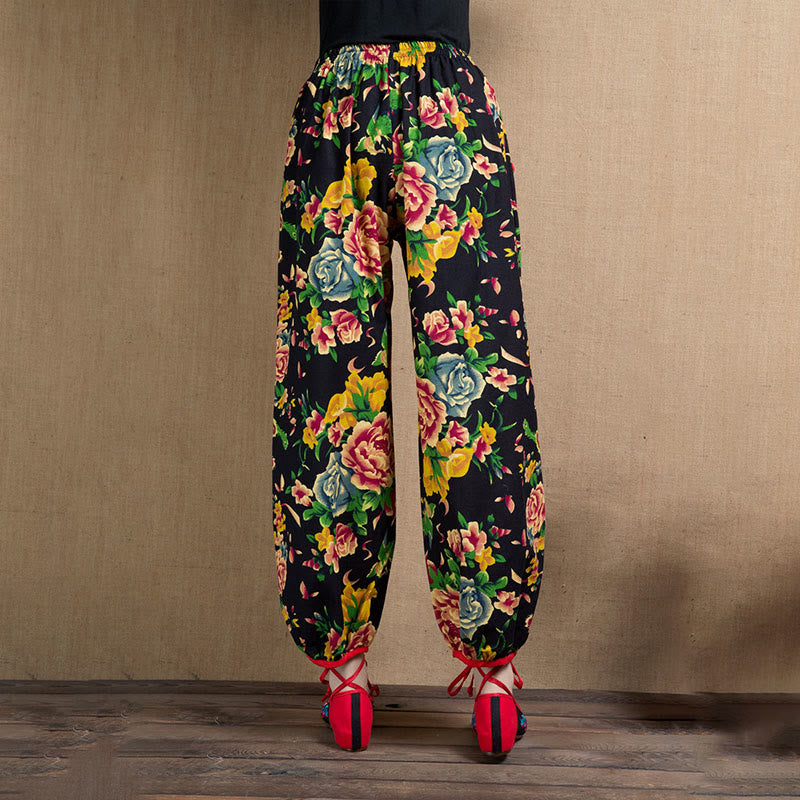 Pantalon sarouel à imprimé fleurs rouges et vertes de style ethnique avec Buddha Stones et poches
