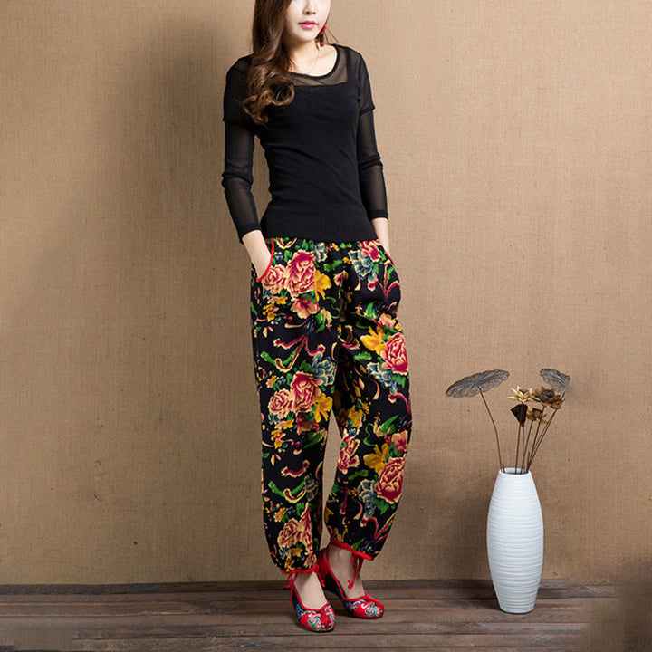 Pantalon sarouel à imprimé fleurs rouges et vertes de style ethnique avec Buddha Stones et poches