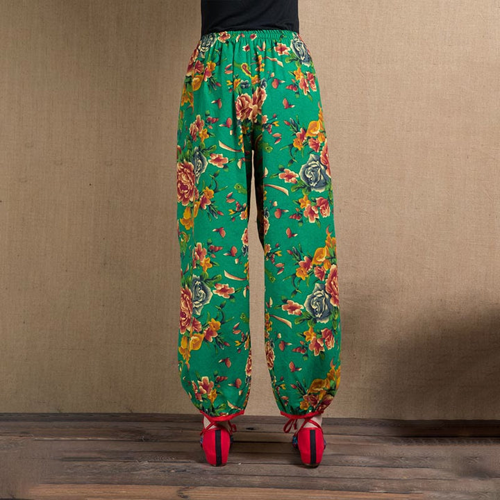 Pantalon sarouel à imprimé fleurs rouges et vertes de style ethnique avec Buddha Stones et poches