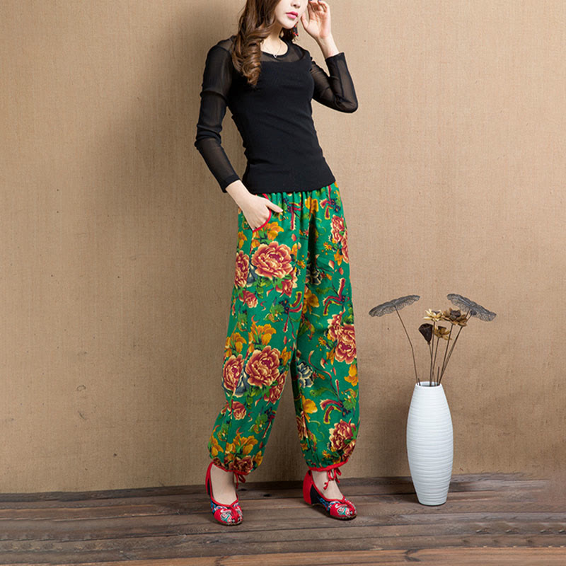 Pantalon sarouel à imprimé fleurs rouges et vertes de style ethnique avec Buddha Stones et poches