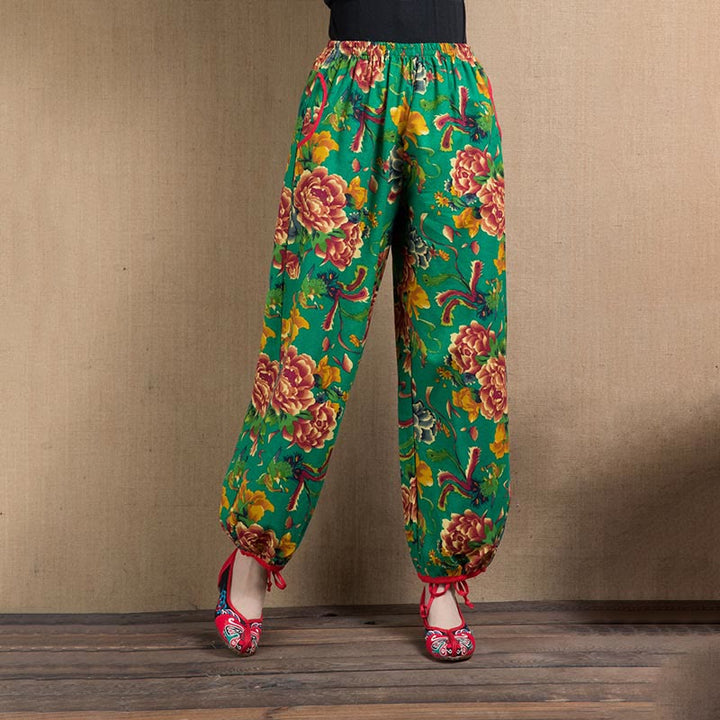 Pantalon sarouel à imprimé fleurs rouges et vertes de style ethnique avec Buddha Stones et poches
