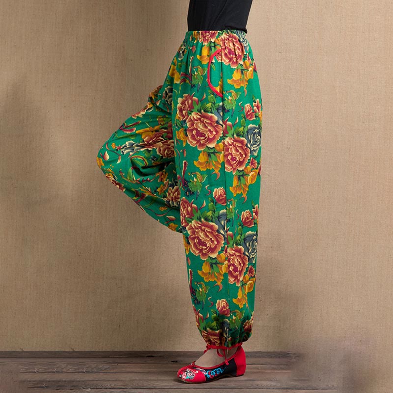 Pantalon sarouel à imprimé fleurs rouges et vertes de style ethnique avec Buddha Stones et poches