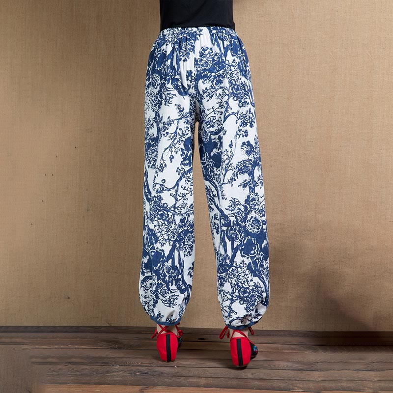 Pantalon sarouel à imprimé fleurs d'arbre bleu avec Buddha Stones et poches - image 2