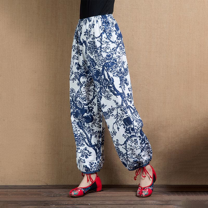 Pantalon sarouel à imprimé fleurs d'arbre bleu avec Buddha Stones et poches - image 1