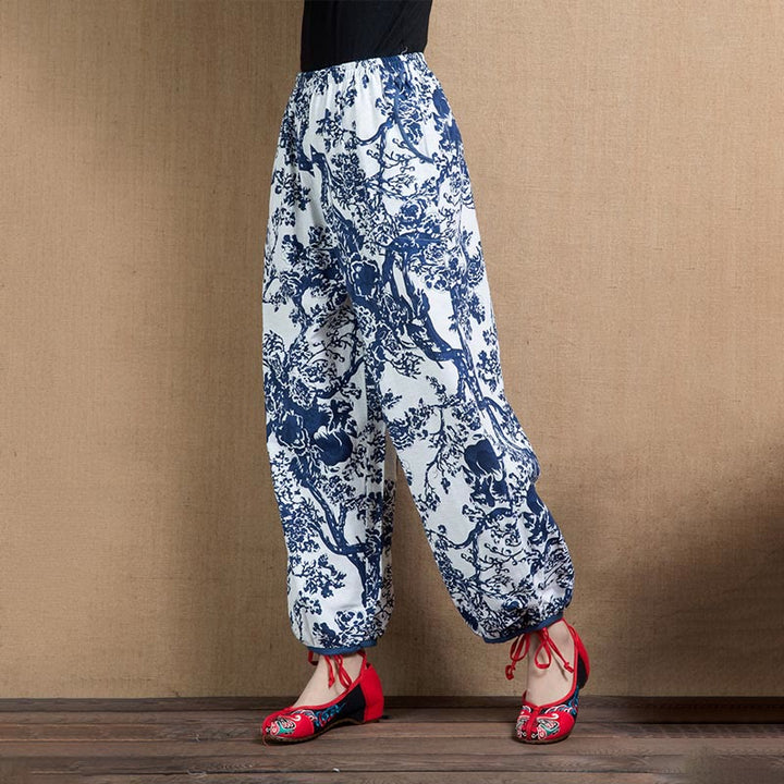 Pantalon sarouel à imprimé fleurs d'arbre bleu avec Buddha Stones et poches - image 1