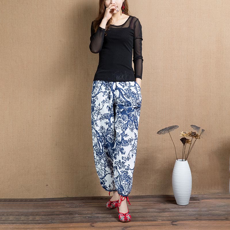 Pantalon sarouel à imprimé fleurs d'arbre bleu avec Buddha Stones et poches - image 3