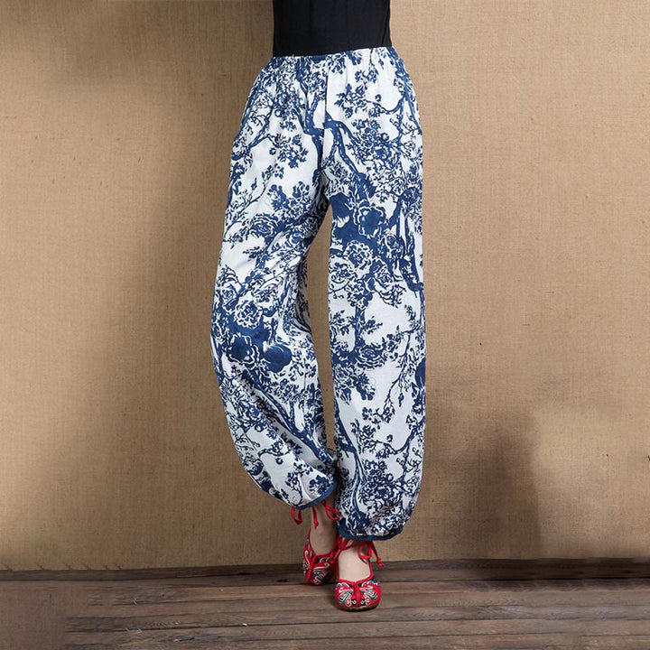 Pantalon sarouel à imprimé fleurs d'arbre bleu avec Buddha Stones et poches - Blue Tree-US4-6, UK/AU8-10, EU36-38 (F) - image 0