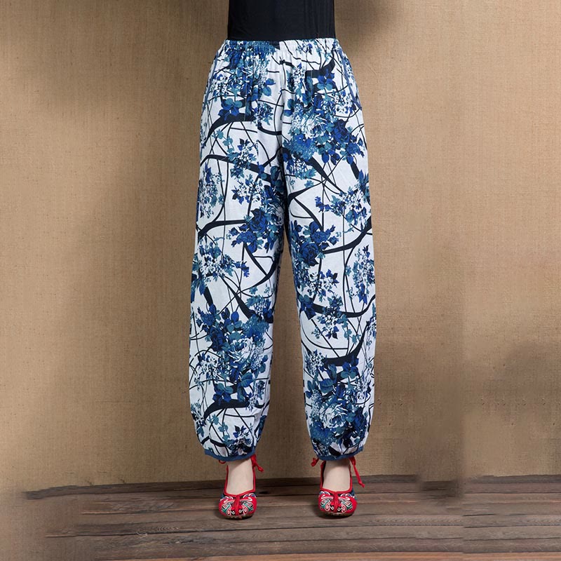 Pantalon sarouel à imprimé fleurs d'arbre bleu avec Buddha Stones et poches - Fleurs bleues - US4-6, UK/AU8-10, EU36-38 (F) - image 6