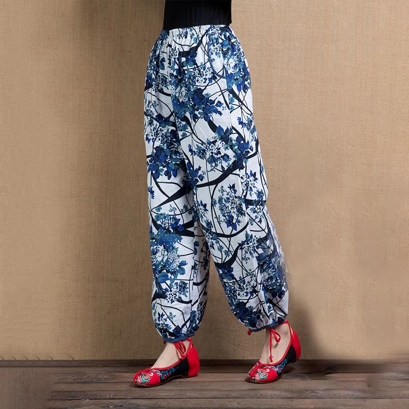 Pantalon sarouel à imprimé fleurs d'arbre bleu avec Buddha Stones et poches - image 7