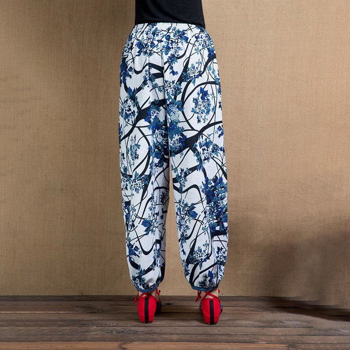 Pantalon sarouel à imprimé fleurs d'arbre bleu avec Buddha Stones et poches - image 9