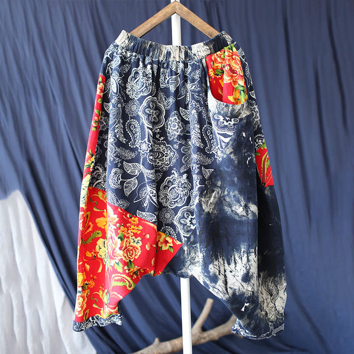Pantalon sarouel en coton et lin avec poches et patchwork de fleurs de pivoine bleues et rouges Buddha Stones
