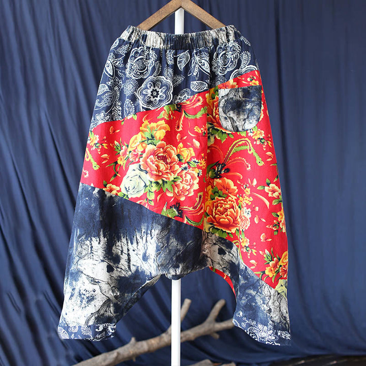 Pantalon sarouel en coton et lin avec poches et patchwork de fleurs de pivoine bleues et rouges Buddha Stones