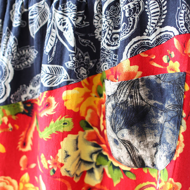 Pantalon sarouel en coton et lin avec poches et patchwork de fleurs de pivoine bleues et rouges Buddha Stones
