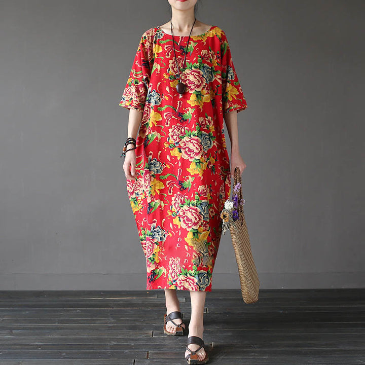 Robe mi-longue à imprimé fleurs de pivoine rouge Buddha Stones Robe en coton et lin à manches mi-longues