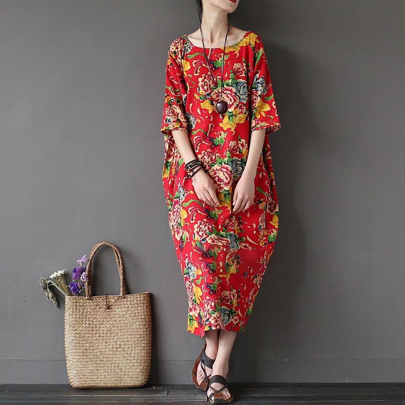 Robe mi-longue à imprimé fleurs de pivoine rouge Buddha Stones Robe en coton et lin à manches mi-longues