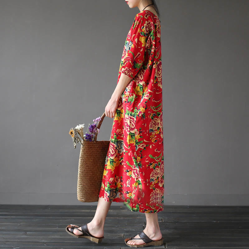 Robe mi-longue à imprimé fleurs de pivoine rouge Buddha Stones Robe en coton et lin à manches mi-longues