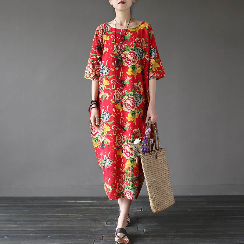 Robe mi-longue à imprimé fleurs de pivoine rouge Buddha Stones Robe en coton et lin à manches mi-longues